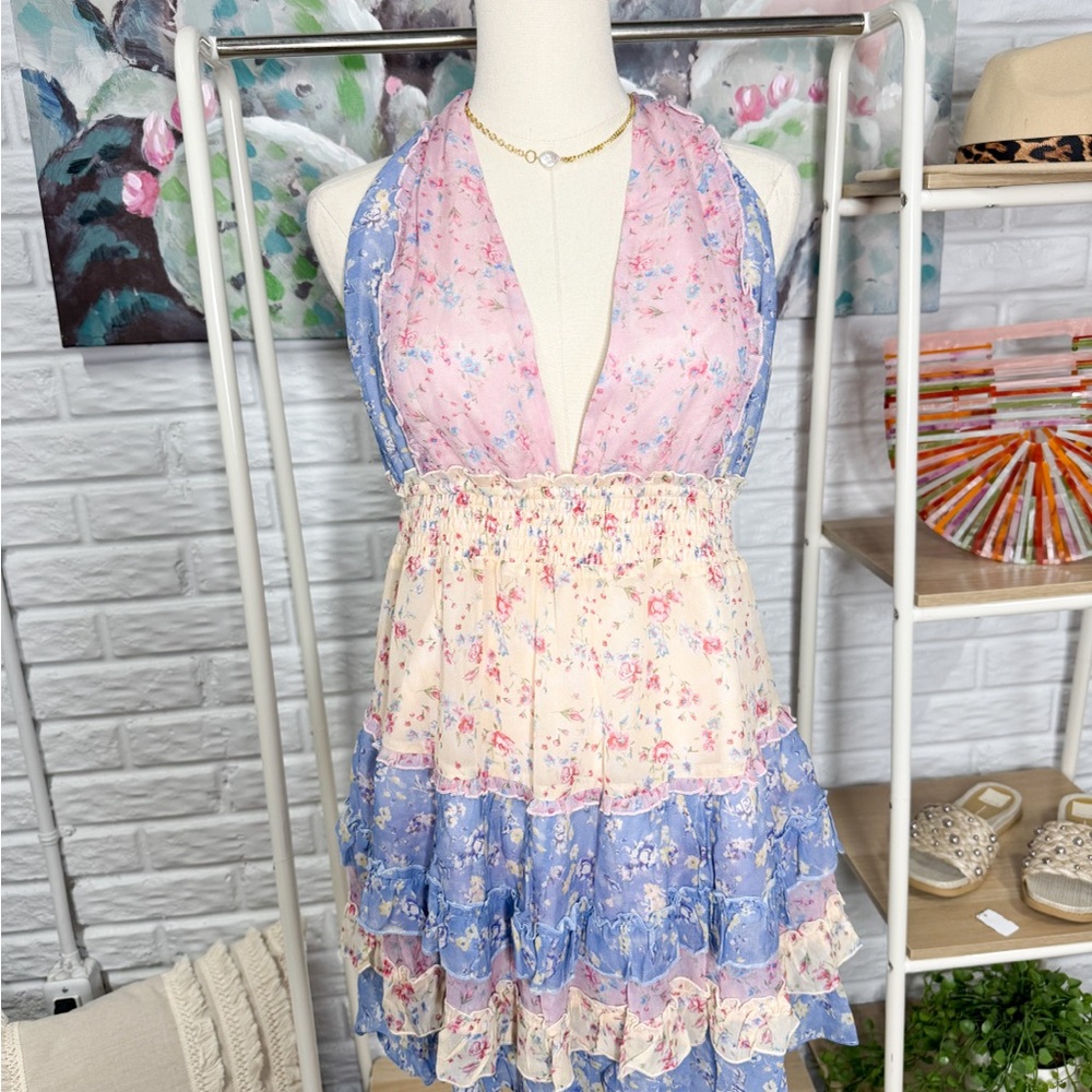 LoveShackFancy New Quintelle Halter Mini Dress in Windsor Rose Print - Picture 2 of 7